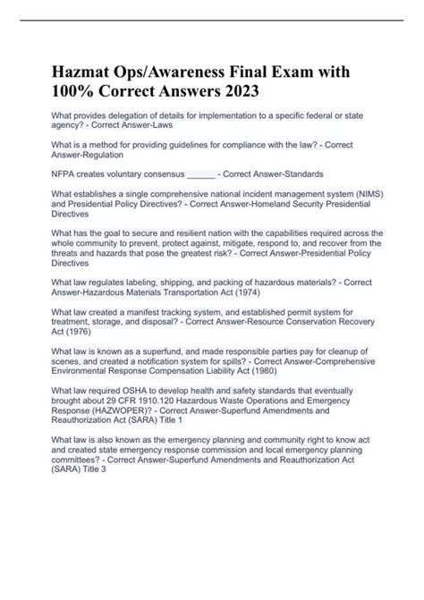 Hazmat Ops Awareness Final Exam With 100 Correct Answers 2023 HazMat