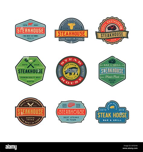 Set Of Vintage Steak House Logos Retro Styled Grill Restaurant Emblems