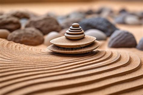 Close Up Of Stacked Zen Garden Stones With Raked Sand Patterns Stock