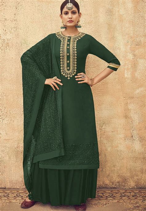Green Pure Silk Sharara Style Pakistani Suit 46 Green Suit Women Sharara Designs Suits For Women