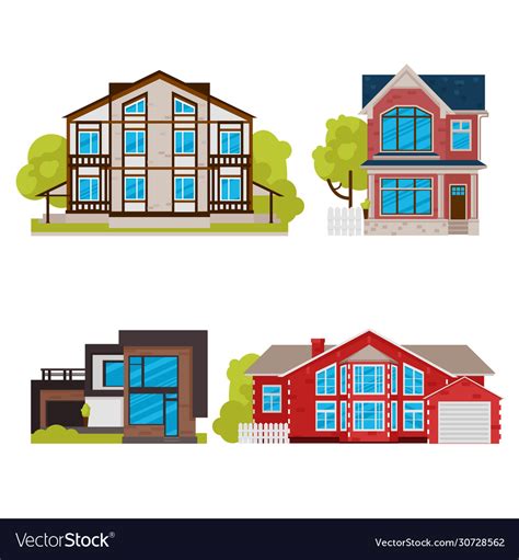 Cartoon Color Residential Home Buildings Icon Set Vector Image