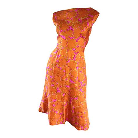 1960s vintage bright orange hot pink a line flower psychedelic 60s silk dress for sale at