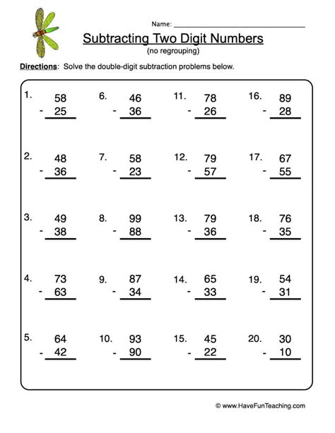Subtraction Of 2 Digit Numbers Without Regrouping Worksheets