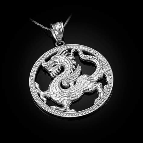 Sterling Silver Chinese Dragon Open Medallion Pendant Necklace White