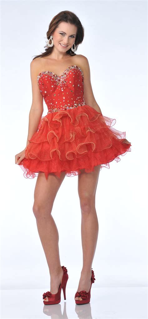 Red Strapless Short Prom Dress Ruffle Layer Tulle Skirt