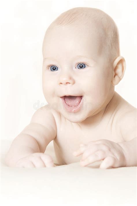 Happy Active Baby Lying On Stomach Over Blanket Stock Photo Image Of