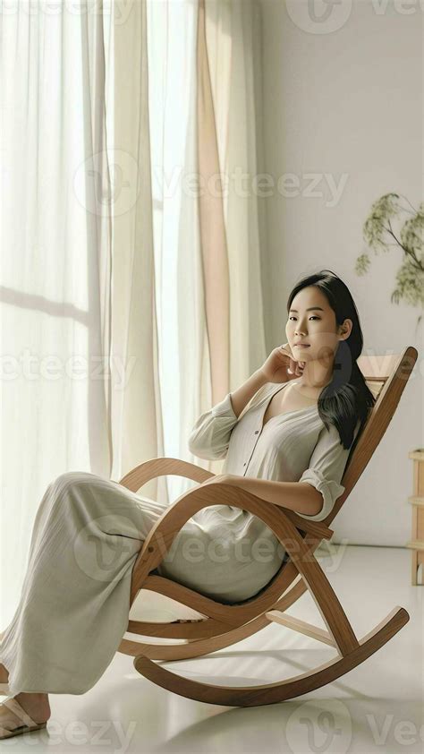 Ai Generative Relaxed Calm Young Woman Lounging Sitting In Comfortable Wooden Rocking Chair
