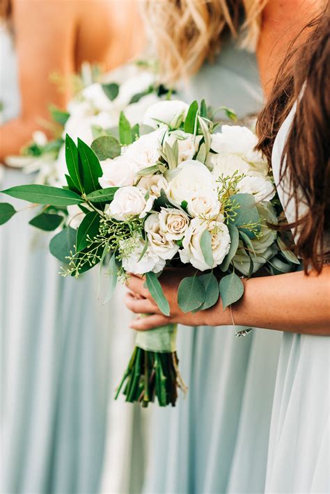Gorgeous White And Greenery Bridesmaids Bouquet Bridesmaid Flowers