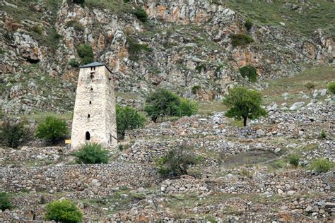 Ancient Watchtower Abaev In Upper Balkaria In Autumn Stock Photo
