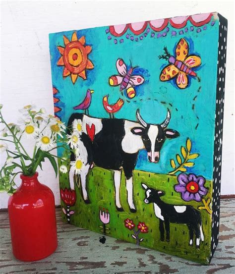 Folk Art Cow Painting Farmhouse Decor Etsy Cow Painting Whimsy Art
