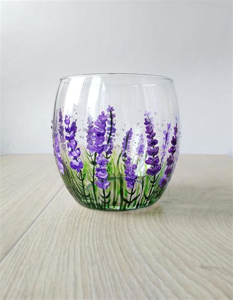 Lavender Wine Glass T Stemless Wine Glass Violet Purple Painted Wine Glass Hand Painted