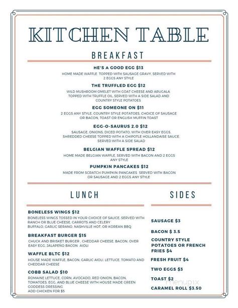 Menu of Kitchen Table in Ramsey, MN 55303