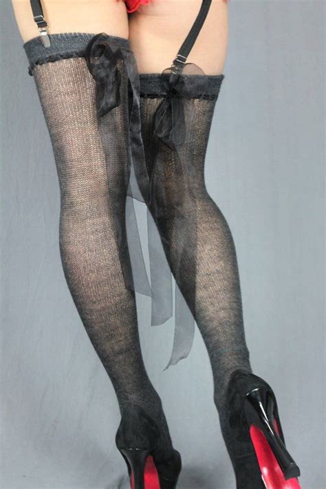 Sheer Charcoal Grey Cashmere Thigh High Stockings With Bows Custom Victorian Steampunk Garter