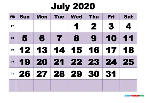 Free July 2020 Printable Monthly Calendar Template