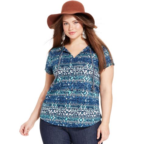 Lucky Brand Plus Size Shortsleeve Printed Peasant Top In Blue Lyst