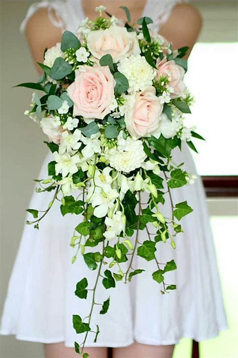 The Best Pink And Green Wedding Ideas White Bridal Bouquet Cascading