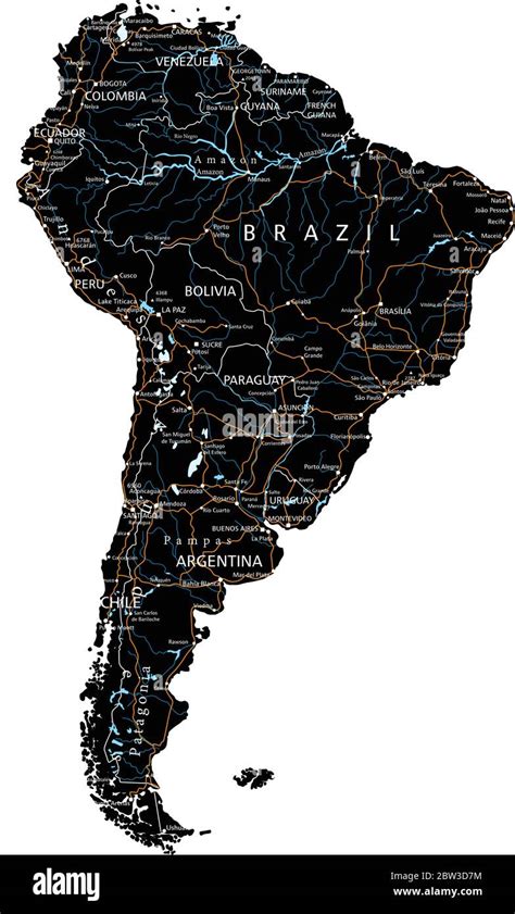 High Detailed South America Road Map With Labeling Black Clearly
