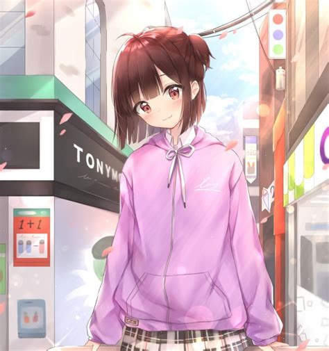Wallpaper Anime Girl Sweater Cute Street Short Hair