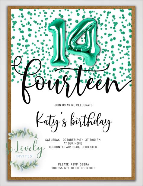 Metallic Turquoise Glitter 14th Birthday Invitation Editable Etsy