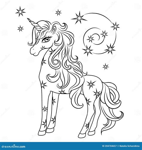 Cute Magical Unicorn With Stars Black Outline Coloring Stock