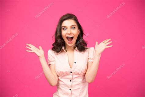 Surprised Woman Shouting Over Pink Background Stock Photo By