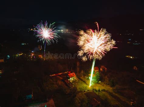 Aerial View Of Firework In The Mountains At The End Of Winter Season