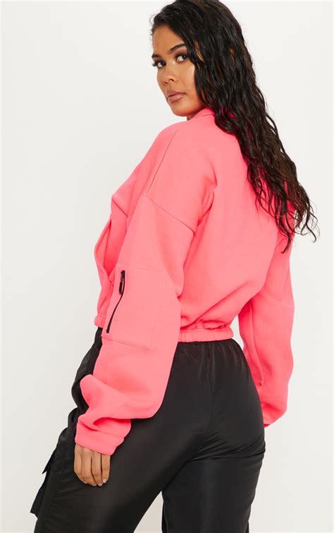 Neon Pink Oversized Zip Front Sweater Tops Prettylittlething Usa