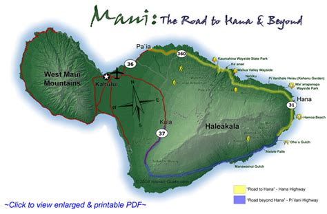 .hana, hana highway (36 and 360), hana town is the most isolated town in the hawaiian islands. Road to Hana Map