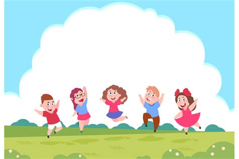 Happy Cartoon Children Preschool Playing Kids On Summer Nature Backgr