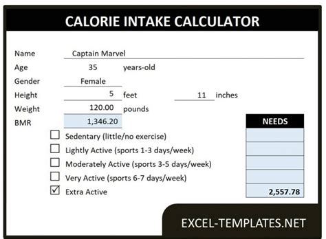 Calorie Intake Calculator Excel Templates