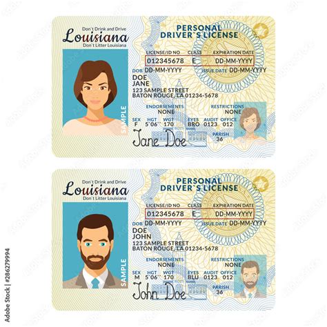 Vector Template Of Sample Driver License Plastic Card For Usa Louisiana
