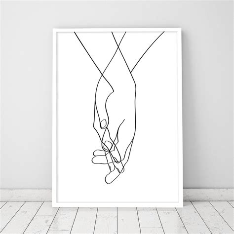 Romantic Lovers Hands One Line Holding Hands Black White Etsy Line