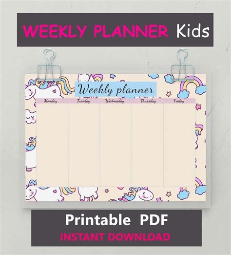 Kids Weekly Schedule Unicorn Printable For Instant Download Horizontal