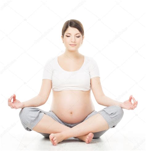Pregnant Woman Relax Doing Yoga Sitting In Lotus Position Over Stock