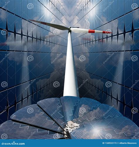 Wind Turbine Between The Solar Panels Stock Illustration Illustration