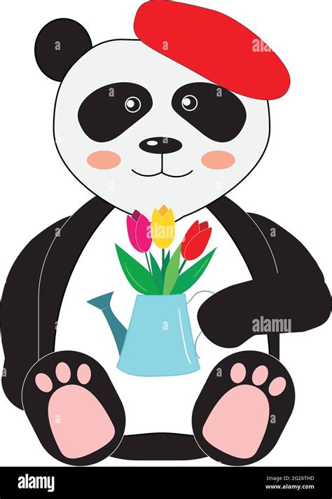 Illustration Of A Panda In A Red Beret Holding A Bouquet Of Tulips In A Watering Can Stock