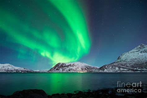 Fjord Around Tromso In Norway With Big Bands Of Northern Lights