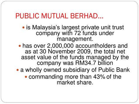 The public mutual fund with the highest earnings is public mutual prs equity fund. PPT - PUBLIC MUTUAL BERHAD… PowerPoint Presentation - ID ...