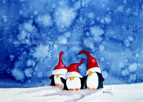 Penguintriobybrianpayneartonetsy Painted Christmas Cards