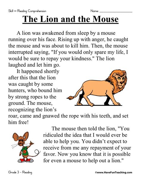 The Lion And The Mouse Story Printable Web The Lion And The Mouse From