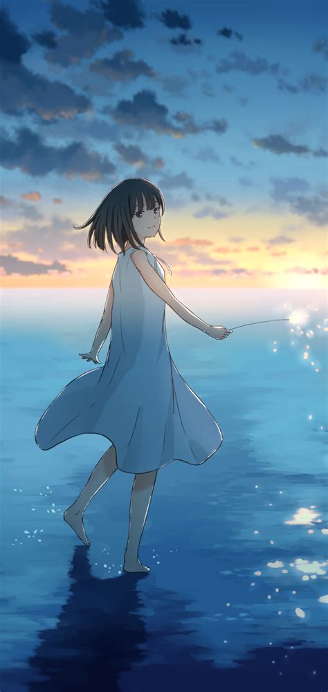 1080x2280 Cute Anime Girl Sunset Draw One Plus 6huawei P20honor View