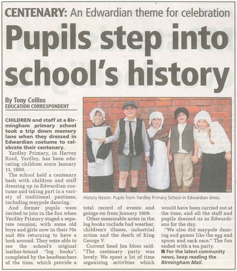 Use the provided example newspaper article, or take a newspaper into the class. Yardley Centenary - All Documents