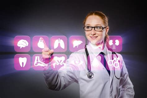 The Woman Doctor Pressing Buttons With Various Medical Icons Stock