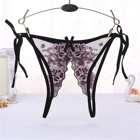 girl sexy double strap crotchless women embroidery lace lingerie panties briefs in panties from