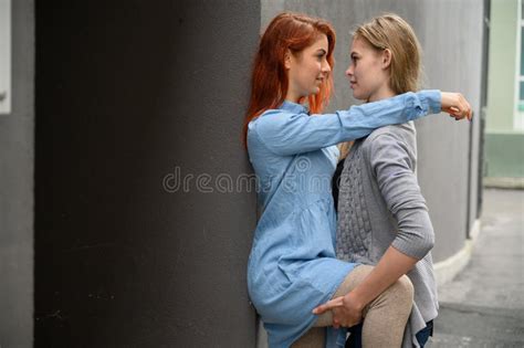 Passionate Loving Lesbian Couple Two Beautiful Young Women Hugging