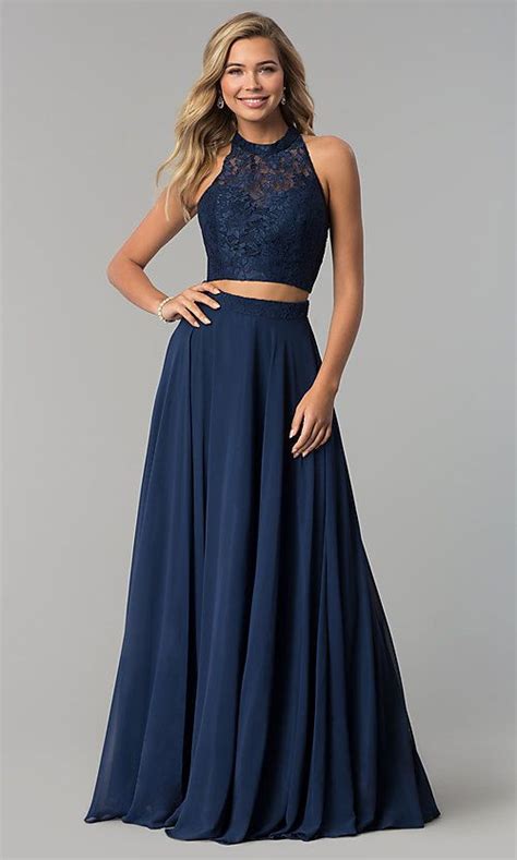 Long Two Piece Chiffon Prom Dress With Lace Top In 2020 Two Piece