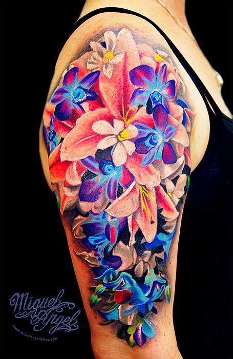 How about sunflower thigh tattoos for a change? Colorful flowers tattoo on a girl's shoulder and upper arm | Tattoos | Pinterest | Colorful ...