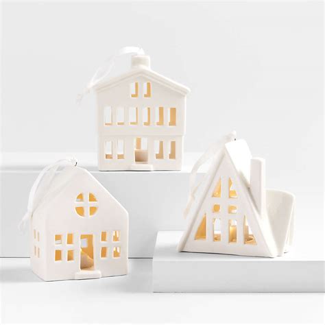 Light Up White Ceramic House Christmas Tree Ornaments Set Of 3 Crate