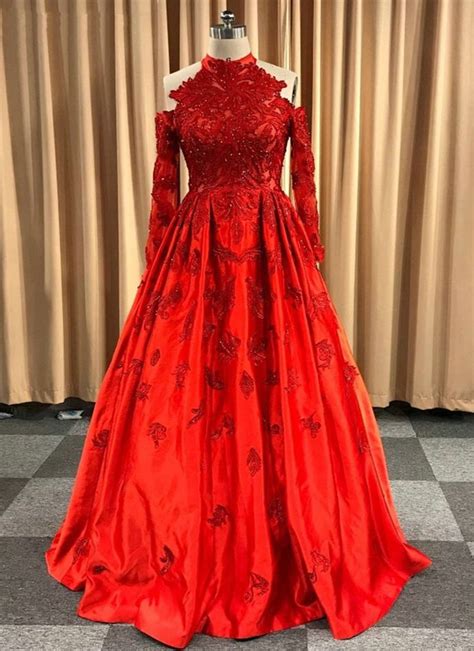 gorgeous red satin long sleeve formal prom gown evening gown with applique by cutedress 246