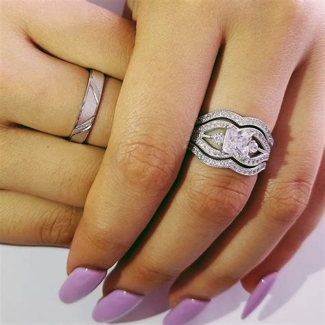 Real 925 Sterling Silver 3pcs In 1 Couple Wedding Ring Set For Bridal